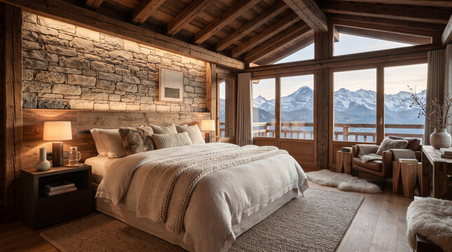 Luxury chalet bedroom with stone wall and mountain view through windows
