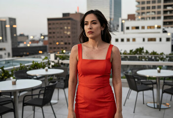Naklejka premium Urban lifestyle and evening leisure, woman in red dress standing on rooftop terrace with city skyline background during sunset for social event