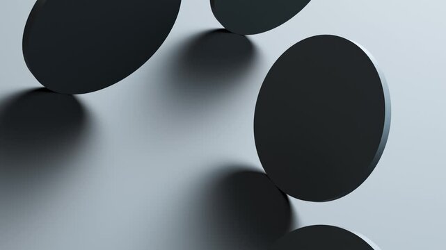 Delicate, round geometric elements on a metallic surface with reflections and shadows; minimalism. A minimalist, abstract concept featuring rounded details and circular shapes, animation. 3D render