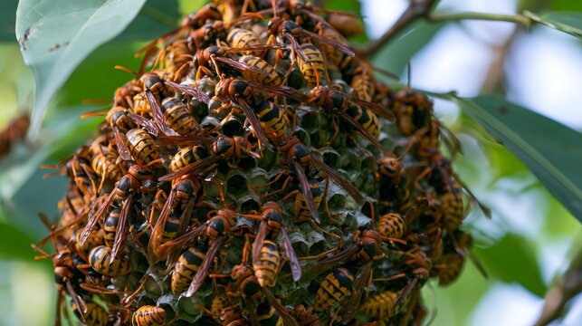 Hornet nest with many insects creating a large colony