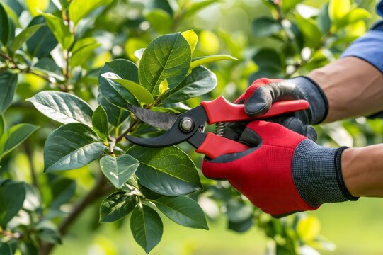 Gardener pruning plant leaves with red shears