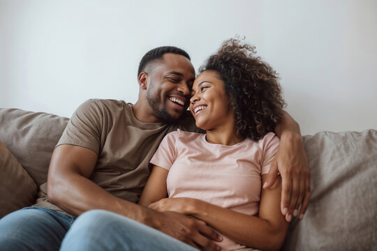 Smiling black couple shares intimate joy. Comfort and love radiate from their closeness. Perfect for romantic, family, or lifestyle content