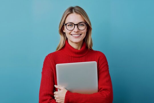 Smiling woman holds laptop with warm expression. She wears glasses and a cozy red sweater. Bright blue background offers clean, modern contrast
