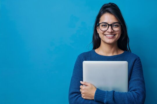 Young woman smiles warmly while holding a laptop on blue background. She wears glasses and a cozy blue sweater