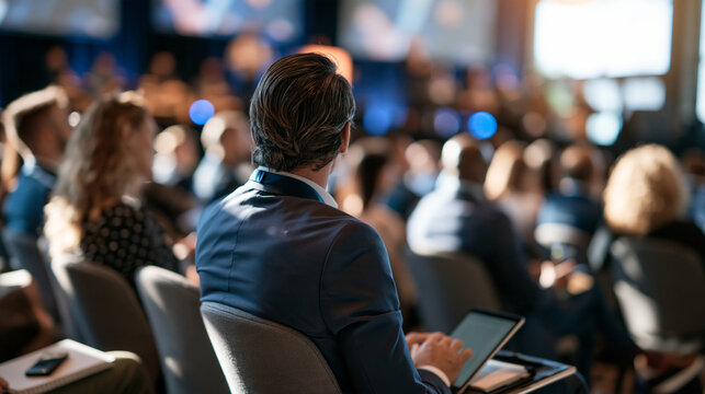 Business professionals attending a corporate conference rear view of attendees seated in rows of gray chairs some with tablets and notebooks stage with screens in soft focus bright