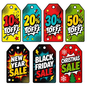 Bright Pop Art Sale Tags Set with Bold Colorful Discount Labels