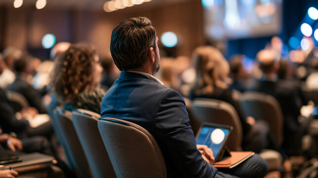 Business professionals attending a corporate conference rear view of attendees seated in rows of gray chairs some with tablets and notebooks stage with screens in soft focus bright