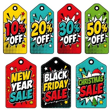 Bright Pop Art Sale Tags Set with Bold Colorful Discount Labels