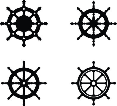 Ship wheel silhouette vector. Boat helm vector icon set