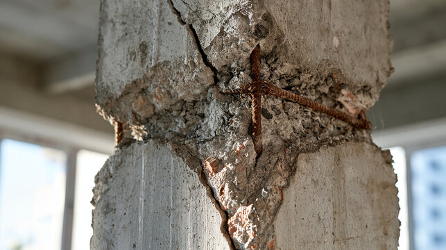 Damaged concrete column and beam junction with significant structural cracks and spalling concrete exposed rusty rebar at the corner gray building interior in daylight damaged concrete