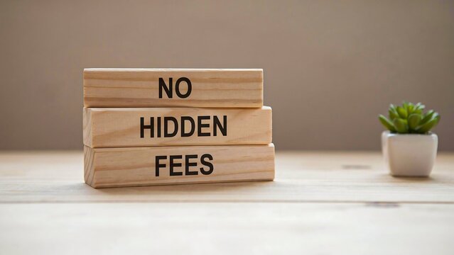 Wooden blocks spelling no hidden fees beside a succulent plant on a minimalist tabletop
