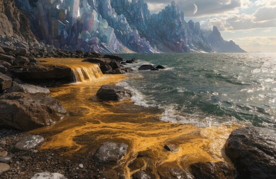 Crystal mountains landscape featuring giant crystal formations and yellow mineral runoff flowing from a rocky shore into the dark ocean water under a