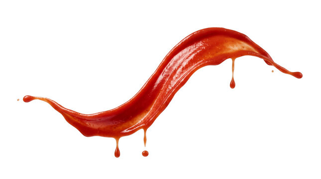 Red ketchup splash motion isolated on white background, dynamic tomato sauce wave splash, liquid condiment drop element for food packaging
