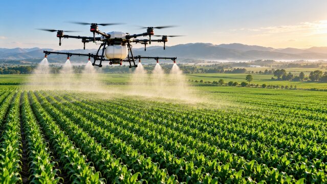Agricultural drone spraying liquid fertilizer over green crop field against hazy mountain landscape at sunrise.