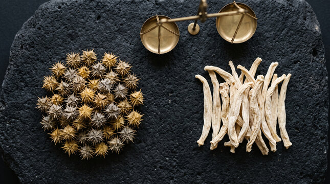 Gokshura Tribulus Terrestris Fruits and Safed Musli Roots with Vintage Brass Weighing Balance Scale on Dark Slate Background Banner
