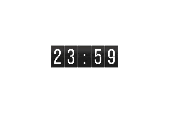 Digital split-flap clock displaying 23:59 representing a deadline, time limit, or the arrival of midnight, concept of time running out on a transparent background