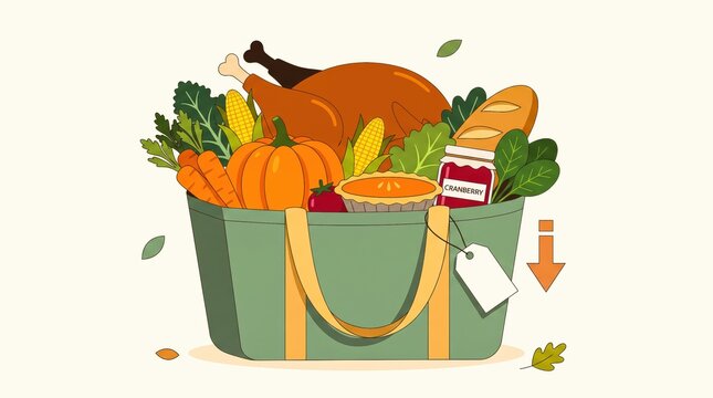 Thanksgiving grocery shopping basket full of traditional autumn harvest food and ingredients with a discount price tag arrow indicating lower prices