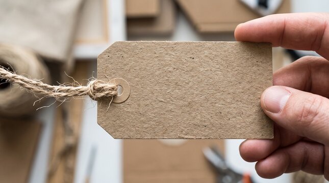 Hand holding a blank brown cardboard shipping tag with rustic twine