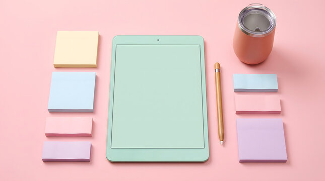 Aesthetic flat lay of modern teacher administrative supplies including a digital tablet, pastel sticky notes, and a tumbler. Generative AI.