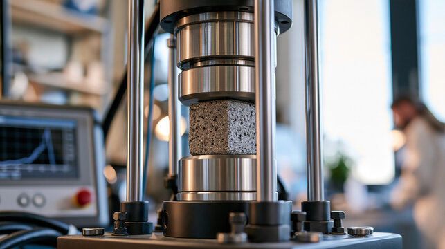 Industrial hydraulic press testing a recycled composite material cube in a materials science laboratory a gray speckled cube between steel platens control panel with a load graph bright