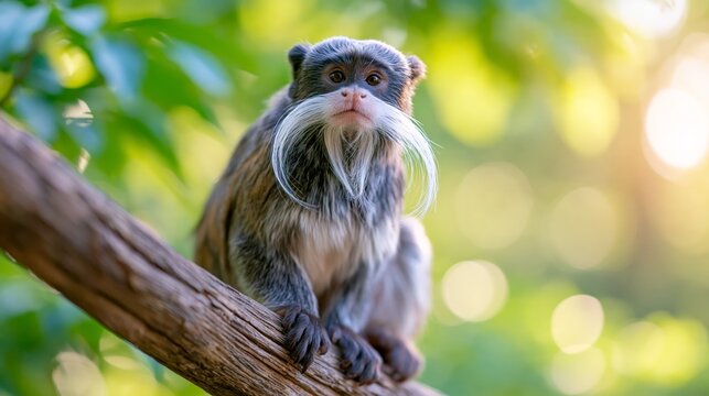 An emperor tamarin with a distinctive white mustache perched on a branch, captured in a dreamy wildlife portrait style with soft golden light, creamy bokeh, and lush tropical greenery.