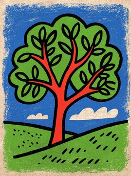 tree illustration grungy thick lineout abstract design, green tree outdoor garden 