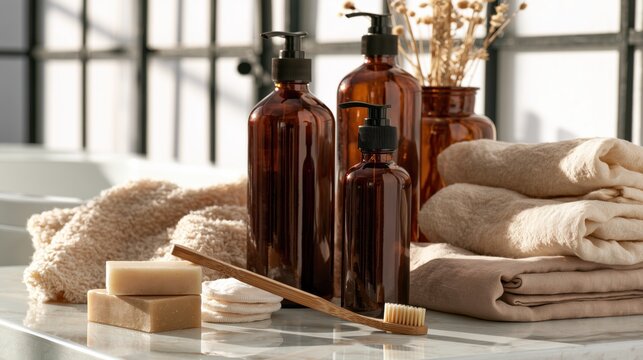 Zero waste bathroom featuring sustainable beauty products in amber glass bottles, a bamboo toothbrush, natural soap, reusable cotton pads and linen towels in a minimalist interior with soft natural.
