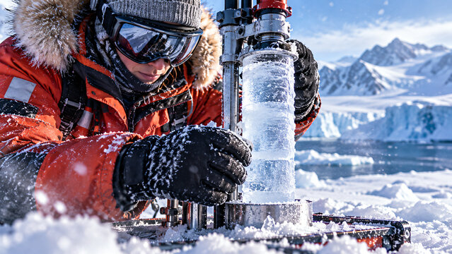 Researcher in insulated expedition clothing extracting an ice core from a frozen polar landscape