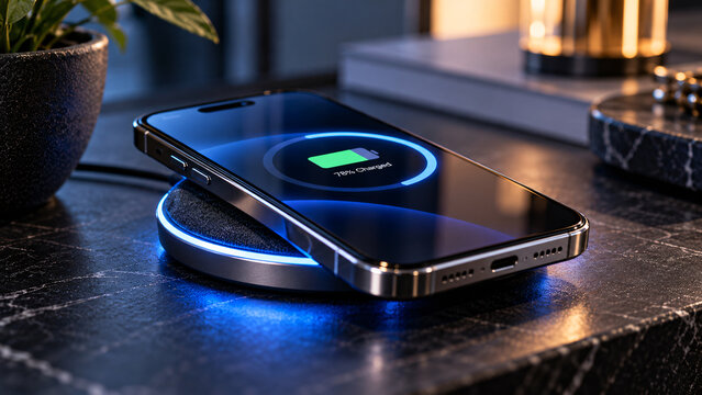 Modern smartphone charging wirelessly on a glowing blue charging pad on a dark tabletop