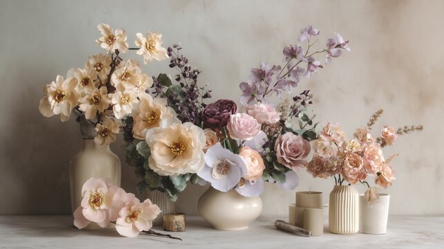 Minimalist florist studio with flowers and floral tools arranged along the sides of a neutral table, soft studio lighting, ideal for backgrounds.