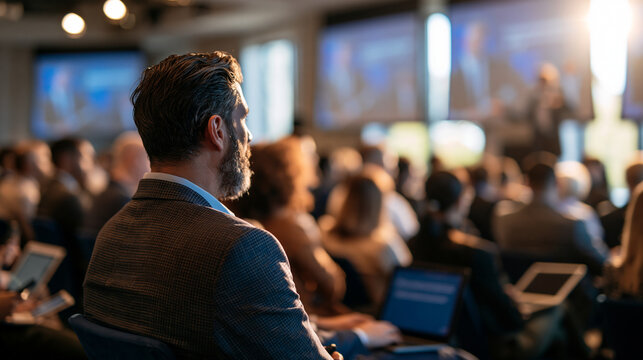 Large group of multiethnic attendees at a professional business seminar wide rear view of the audience in a modern indoor venue multiple screens with presentations and a speaker in soft