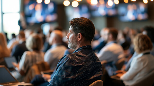 Large group of multiethnic attendees at a professional business seminar wide rear view of the audience in a modern indoor venue multiple screens with presentations and a speaker in soft
