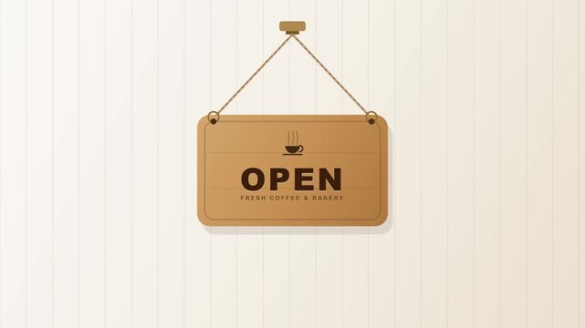 Wooden open sign hanging for fresh coffee and bakery shop
