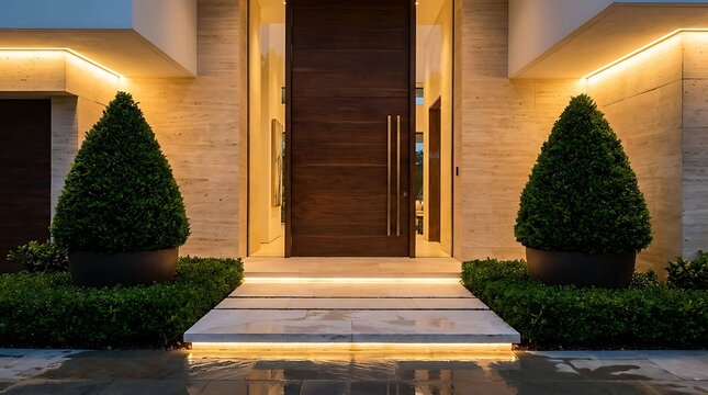 Modern luxury home entrance with warm ambient lighting at night