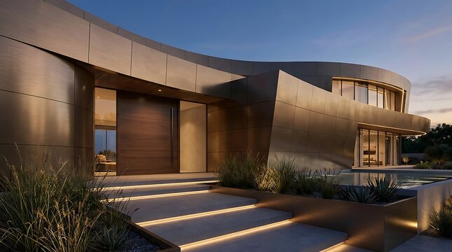 Luxury modern home with curved metallic facade and illuminated steps