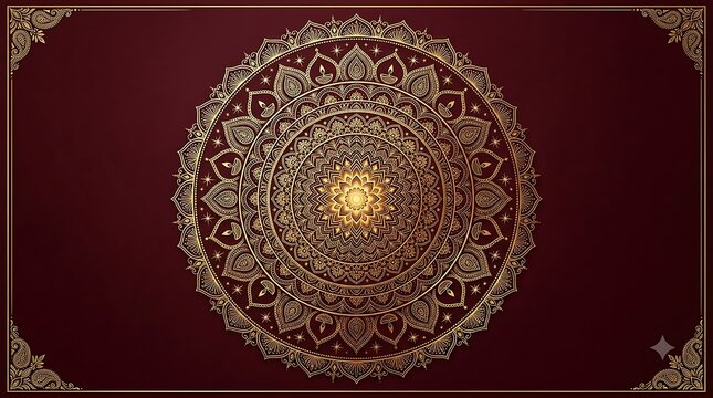 Golden mandala pattern on a dark red background