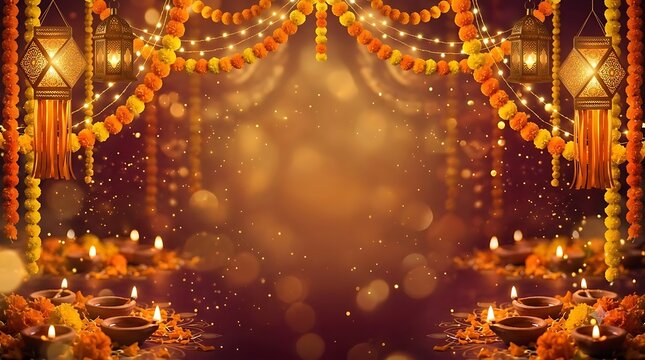 Diwali festival background with marigold flowers and traditional oil lamps