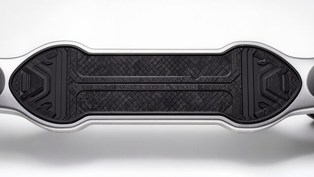top view of an electric scooter deck with textured black grip tape on a silver frame against a white background, product detail with soft light, conceptual anti slip design and rider safety concept