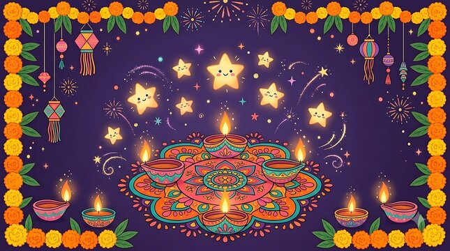 Diwali festival greeting with glowing diyas and stars
