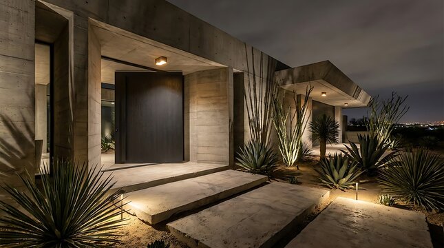 Modern concrete house exterior with desert landscaping at night