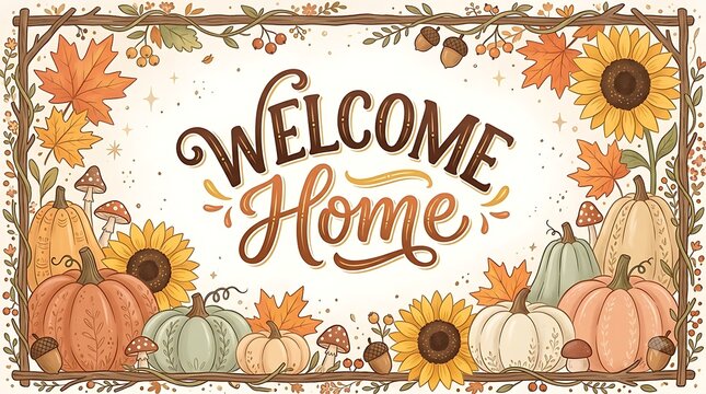 Autumn welcome home illustration with pumpkins and sunflowers