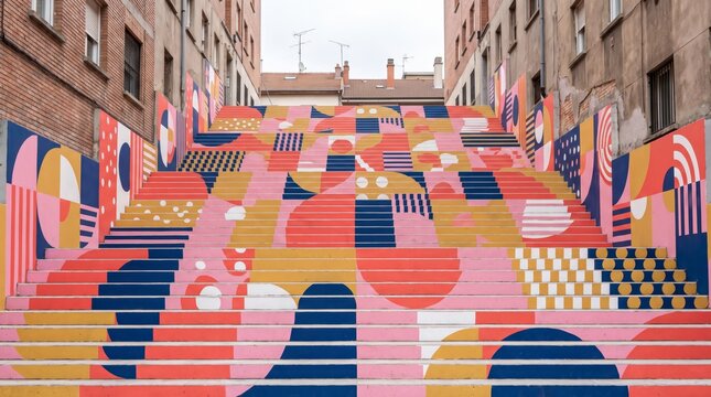 Playful geometric mural transforming urban staircase between weathered brick buildings