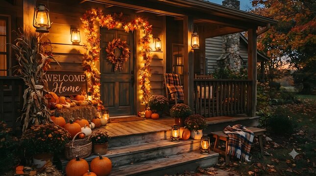 Cozy autumn porch decorated with pumpkins and fall foliage