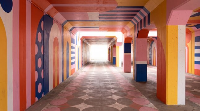 Pedestrian underpass with painted arches and pillars in bold pink, yellow and blue patterns