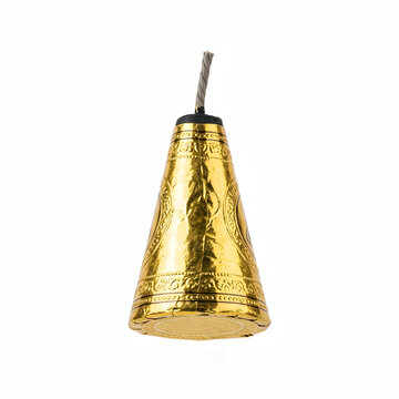 Single unlit traditional cone-shaped firecracker or anar flower pot firework wrapped in decorative gold foil with a fuse, isolated on a white background for Diwali or New Year celebration.