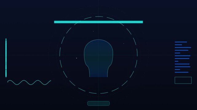 Futuristic blue holographic digital interface scanning a human head shape graphic on dark background