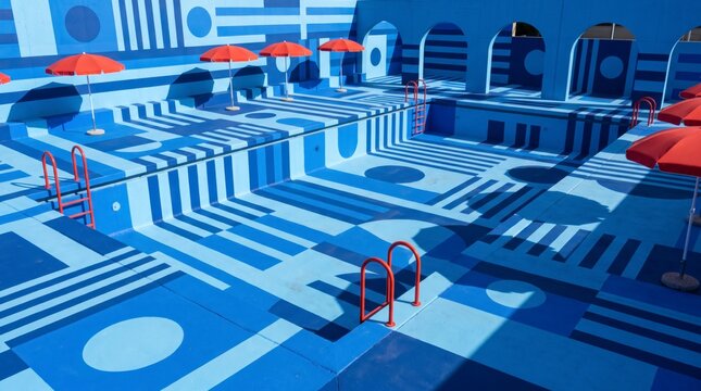 Drained swimming pool painted with blue geometric stripes, red ladders and umbrellas