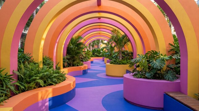 Rainbow archway tunnel with lush tropical plants, curved planters and purple blue pathway