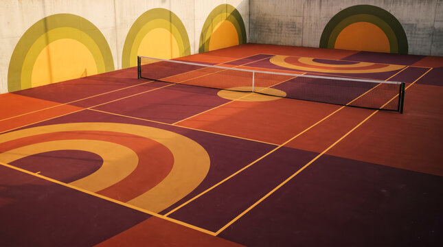 Retro tennis court painted in burgundy with olive and mustard concentric arches on concrete walls