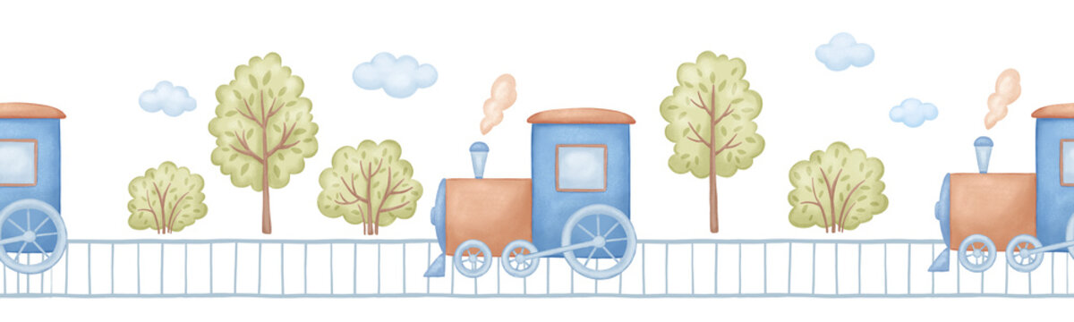 Seamless border with cute watercolour train and railway. Hand drawn vintage illustration with trees for baby nursery decor, boy wallpaper